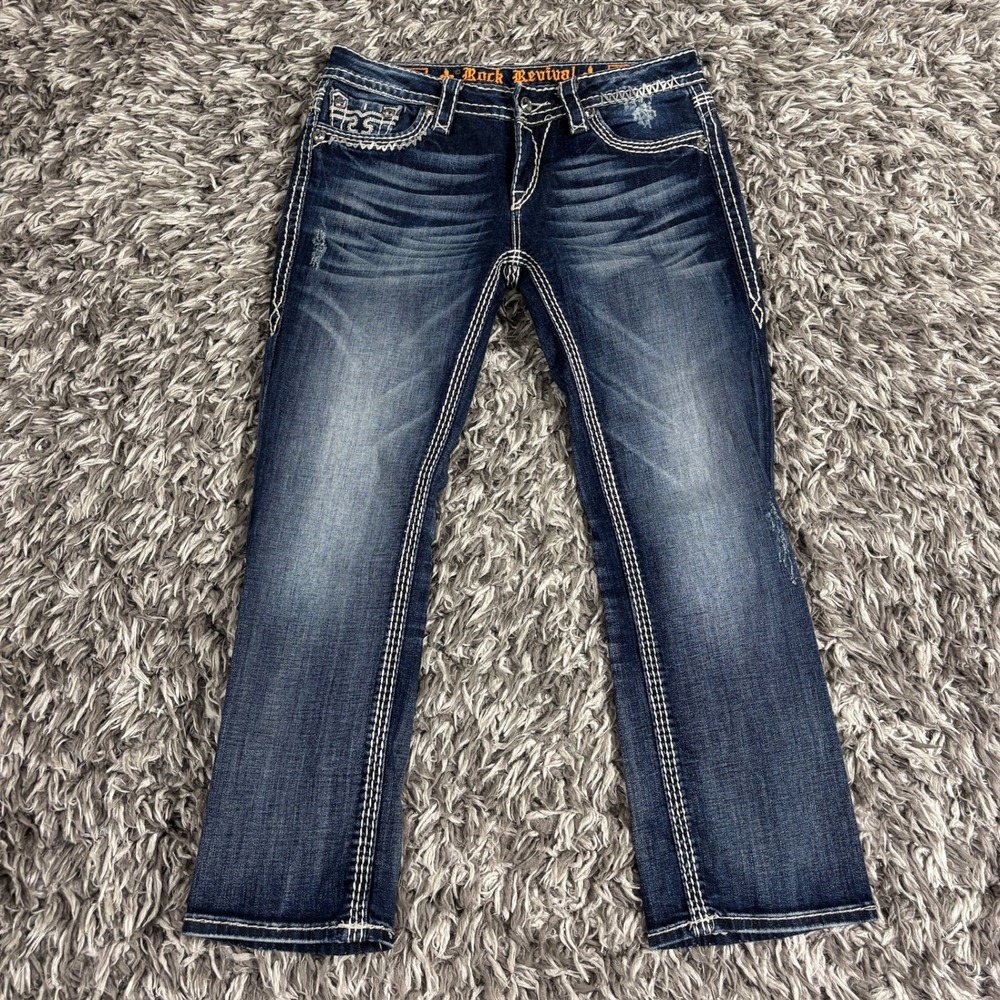 Rock Revival Serena P Capri Jeans Dark Wash Thick Stitch Distressed E8355P 29